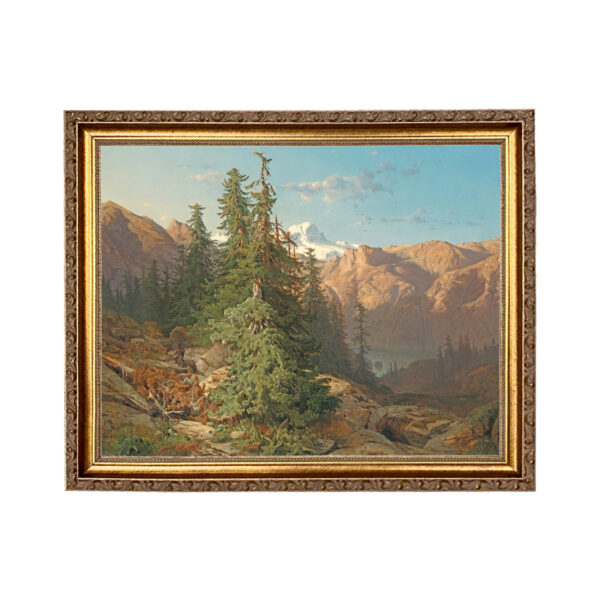 Cabin/Lodge Landscape Mountain Landscape with Pines Oil Painting Print Reproduction on Canvas in Thin Gold Frame- An 11″ x 14″ framed to 13″ x 16″