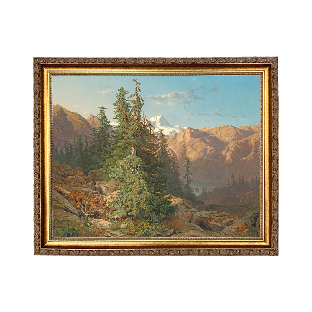 Mountain Landscape with Pines Oil Painting Print Reproduction on Canvas in  Thin Gold Frame- An 11 x 14 framed to 13 x 16