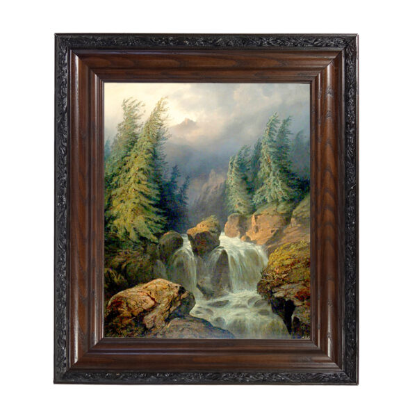Cabin/Lodge Lodge Mountain Waterfall Landscape Oil Painting Print Reproduction on Canvas in Brown and Black Solid Oak Frame- 15-1/2″ x 18-1/2″
