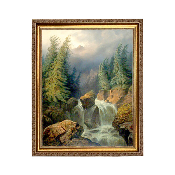 Sporting and Lodge Paintings Mountain Waterfall Landscape Oil Painting Print Reproduction on Canvas in Thin Gold Frame- An 11″ x 14″ Framed to 13″ x 16″