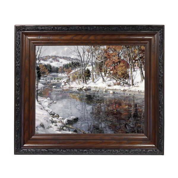 Sporting and Lodge Paintings Winter Landscape Oil Painting Print Reproduction on Canvas in Brown and Black Solid Oak Frame- 15-1/2″ x 18-1/2″