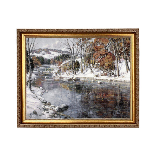 Cabin/Lodge Lodge Winter Landscape Oil Painting Print Reproduction on Canvas in Thin Gold Frame- An 11″ x 14″ Framed to 13″ x 16″