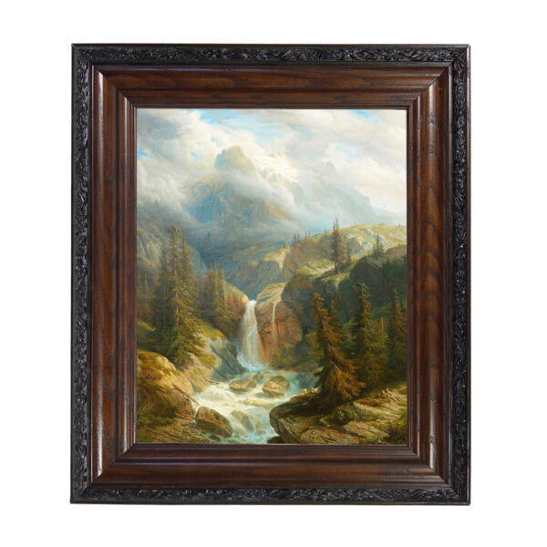 Cabin/Lodge Lodge Waterfall Landscape Oil Painting Print Reproduction on Canvas in Brown and Black Solid Oak Frame- 15-1/2″ x 18-1/2″