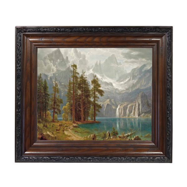 Cabin/Lodge Lodge Sierra Nevada Mountain Landscape by Albert Bierstadt Oil Painting Print Reproduction on Canvas in Brown and Black Solid Oak Frame- 15-1/2″ x 18-1/2″
