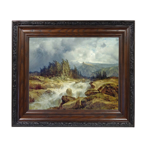 Cabin/Lodge Landscape Mountain Landscape with Rushing Stream Oil Painting Print Reproduction on Canvas in Brown and Black Solid Oak Frame- 15-1/2″ x 18-1/2″