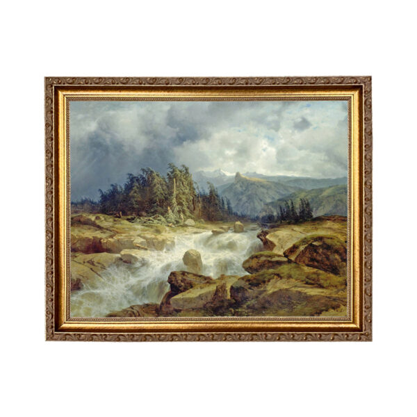 Cabin/Lodge Landscape Mountain Landscape with Rushing Stream Oil Painting Print Reproduction on Canvas in Thin Gold Frame- An 11″ x 14″ Framed to 13″ x 16″
