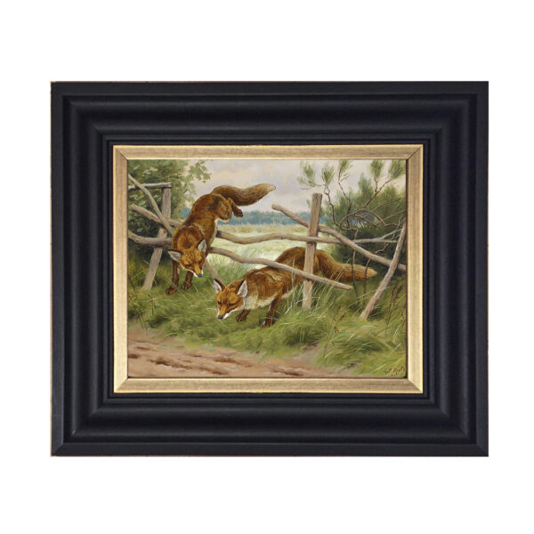 Equestrian Paintings Equestrian Fox Hunting by Georges Frederic Rotig Framed Oil Painting Print on Canvas in Black and Gold Wood Frame. An 8″ x 10″ framed to 11-3/4″ x 14-3/4″.
