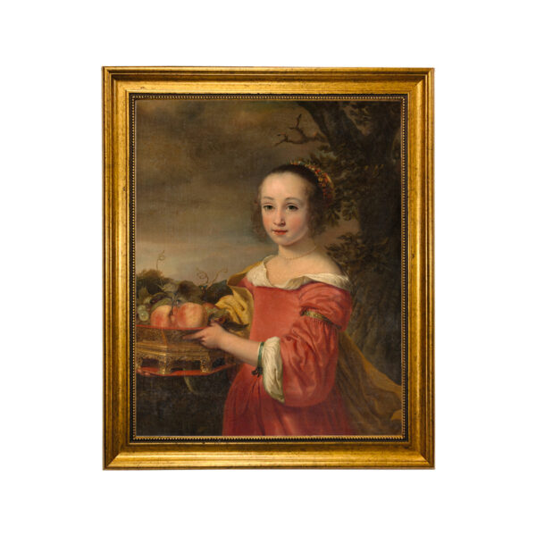 Portrait and Primitive Paintings Framed Art Petronella Elias with a Basket of Fruit by Ferdinand Bol Framed Oil Painting Print on Canvas in Antiqued Gold Frame. A 16″ x 20″ framed to 19-1/2″ x 23-1/2″.