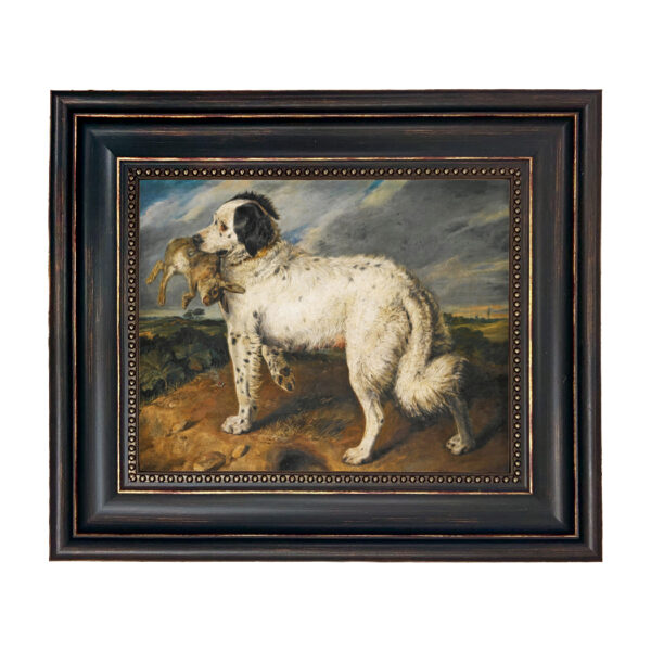 Cabin/Lodge Dogs Dog with Rabbit Framed Oil Painting Print on Canvas in Distressed Black Frame with Bead Accent. An 8″ x 10″ framed to 11-3/4″ x 13-3/4″.