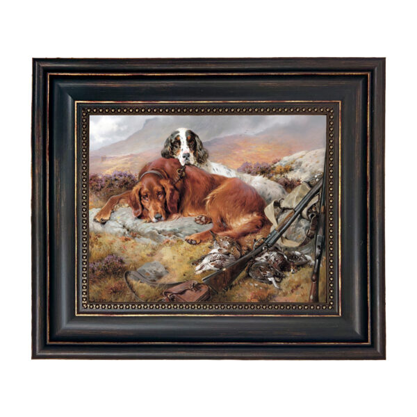 Sporting and Lodge Paintings Lunch Time by William Woodhouse Framed Oil Painting Print on Canvas in Distressed Black Frame with Bead Accent. An 8″ x 10″ framed to 11-3/4″ x 13-3/4″.