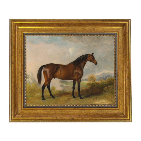 Equestrian Paintings Equestrian A Bay Hunter Framed Oil Painting Print on Canvas in Antiqued Gold Frame. 8″ x 10″ framed to 11-1/2″ x 13-1/2″.