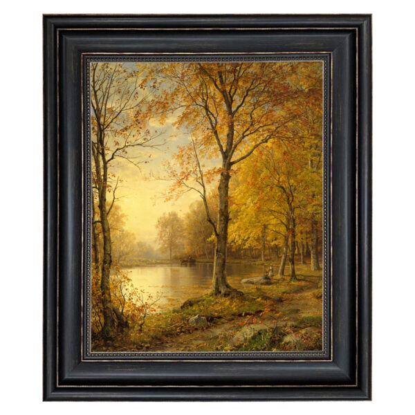 Landscape Landscape Indian Summer Autumn Landscape Framed Oil Painting Print on Canvas in Distressed Black Frame with Bead Accent. 16″ x 20″ Framed to 21″ x 25″