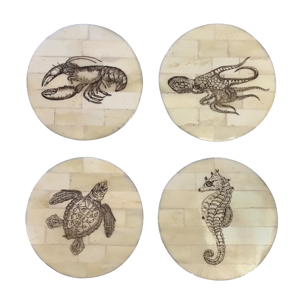 Nautical Decor & Souvenirs Nautical Set of 4 Sea Life Scrimshaw Bone Coasters –  Lobster –  Octopus –  Sea Turtle –  Seahorse- Antique Vintage Style Nautical Decor & Souvenirs Nautical Set of 4 Sea Life Scrimshaw Bone Coasters –  Lobster –  Octopus –  Sea Turtle –  Seahorse- Antique Vintage Style