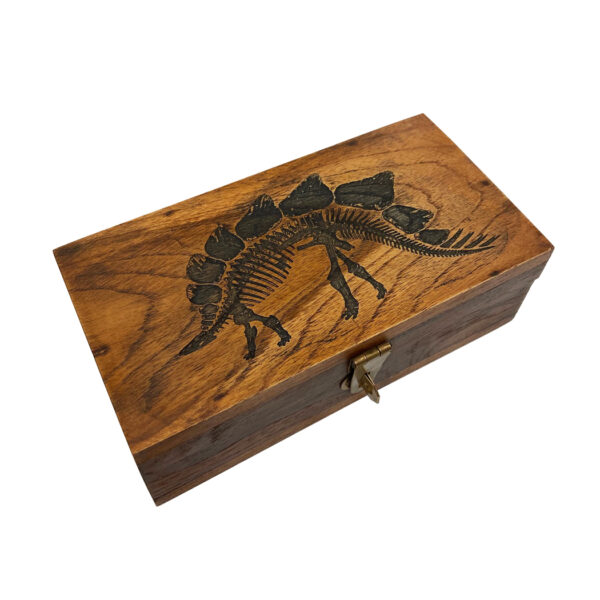 Wood 6-1/4″ Stegosaurus Engraved Teak Wood Box
