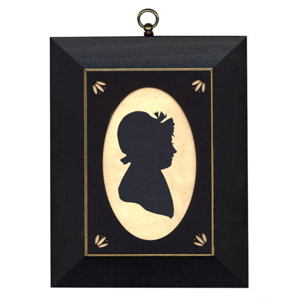 Early American Early American Abigail Adams Cloth Silhouette with Oval Matte and Black Frame with Gold Trim- 5″ x 7″ Framed to 7″ x 9″