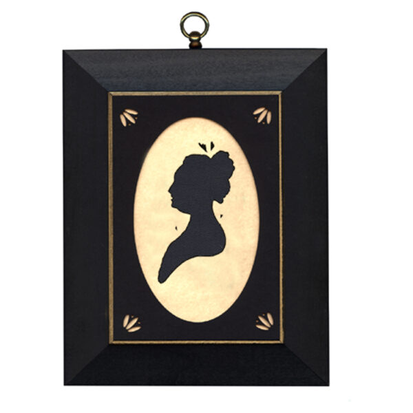 Early American Early American Martha Washington Cloth Silhouette with Oval Matte and Black Frame with Gold Trim- 5″ x 7″ Framed to 7″ x 9″
