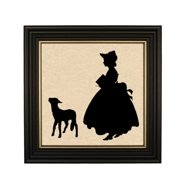 Early American Animals Little Bo Peep Framed Paper Cut Silhouette- Antique Vintage Style