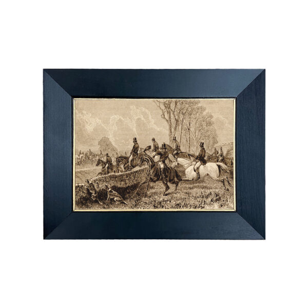 Prints Equestrian “Full Cry” Equestrian Fox Hunt Etching Print Behind Glass in Black and Gold Wood Frames- 5″ x 7″ Framed to 7″ x 9″