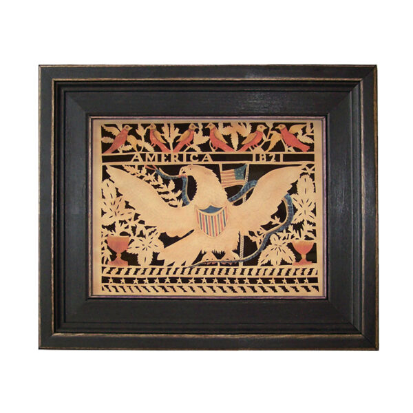 Scherenschnittes Early American America’s Eagle Reproduction Scherenschnitte Paper Cutting in Black Frame. An 8″ x 10″ framed to 10″ x 12″.