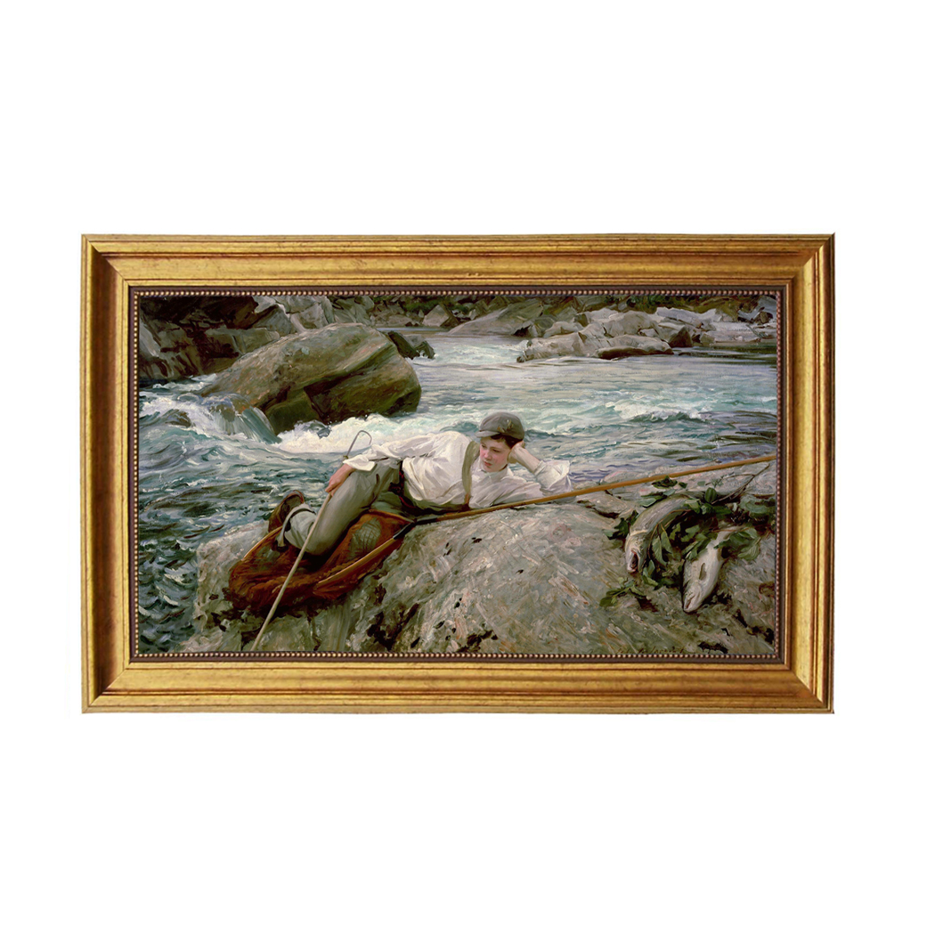 Boy with His Catch Fly Fishing Framed Oil Painting Print on Canvas