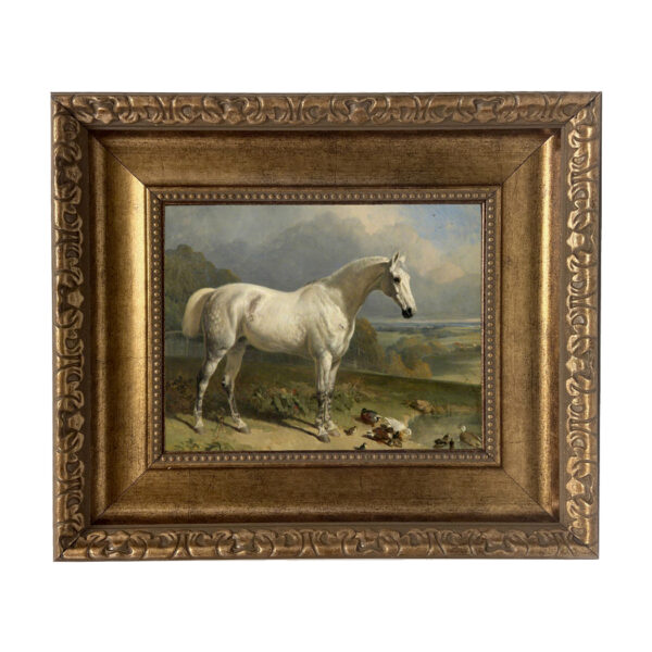Equestrian/Fox Equestrian Gray Horse with Ducks Framed Oil Painting Print on Canvas in Wide Antiqued Gold Frame. An 8″ x 10″ framed to 14″ x 16″.