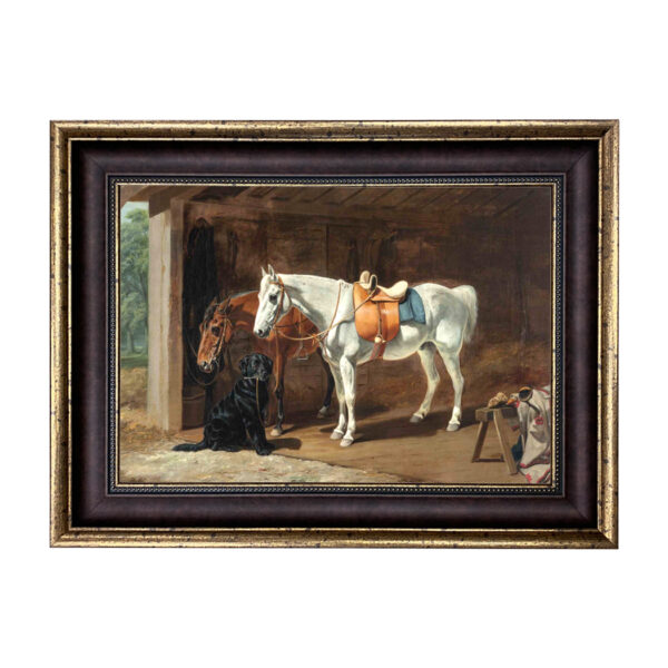 Equestrian Paintings Framed Art Labrador and Horses Framed Oil Painting Print on Canvas in Wide Brown and Antiqued Gold Frame. A 16″ x 23″ Framed to 21-1/2″ x 28-1/2″.