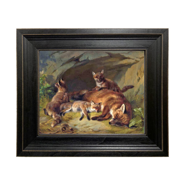 Equestrian Paintings Equestrian Fox and Cubs Framed Oil Painting Print on Canvas in Distressed Black Wood Frame. An 8″ x 10″ framed to 11-1/2″ x 13-1/2″.