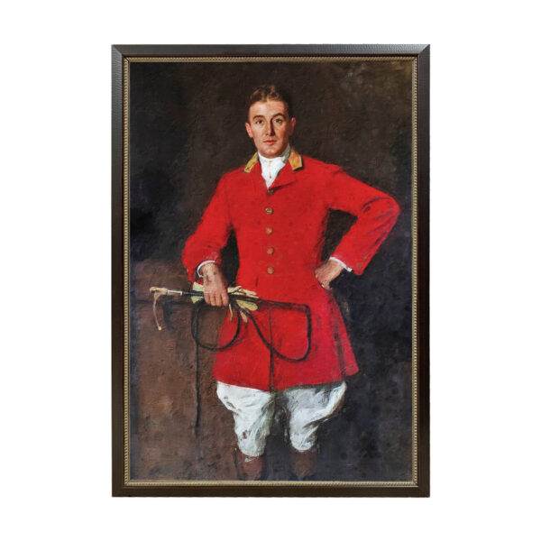 Equestrian Paintings Equestrian Fox Hunter Whipper In Portrait Framed Oil Painting Print on Canvas in Thin Black Variegated Wood and Gesso Frame- 13-1/2″ x 20″ Framed to 14-3/4″ x 21″