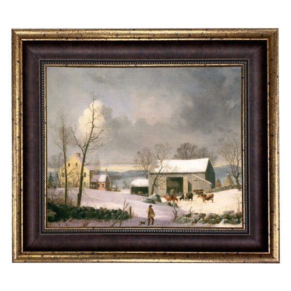 Farm/Pastoral Farm Winter in the Country Framed Oil Painting Print on Canvas in Wide Brown and Antiqued Gold Frame- 16″ x 20″ Framed to 21-1/2″ x 25-1/2″