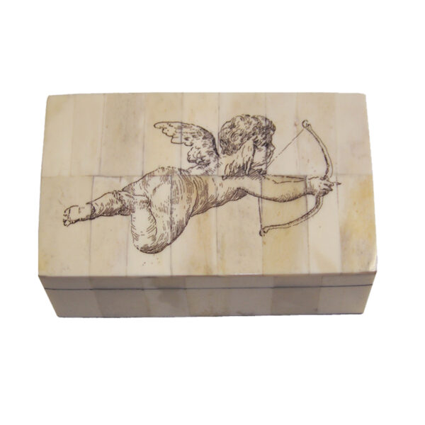 Scrimshaw Boxes Valentines 5-1/4″ Cupid with Bow and Arrow Engraved Bone Box- Antique Reproduction