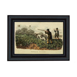 Cabin/Lodge Lodge Partridge Hunting Color Print Behind Glass in Black Solid Wood Frame- Framed to 7-1/4″ x 9-3/4″.