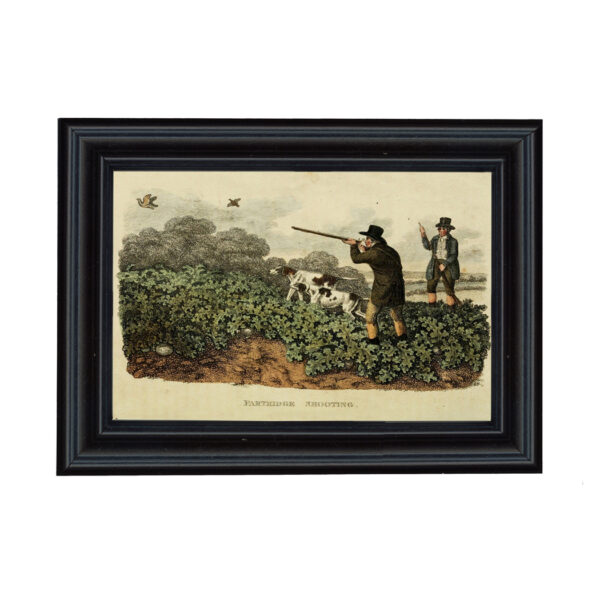 Prints Partridge Hunting Color Print Behind Glass in Black Solid Wood Frame- Framed to 7-1/4″ x 9-3/4″.