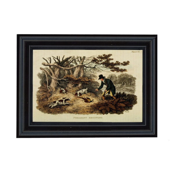Prints Pheasant Hunting Color Print Behind Glass in Black Solid Wood Frame- Framed to 7-1/4″ x 9-3/4″.
