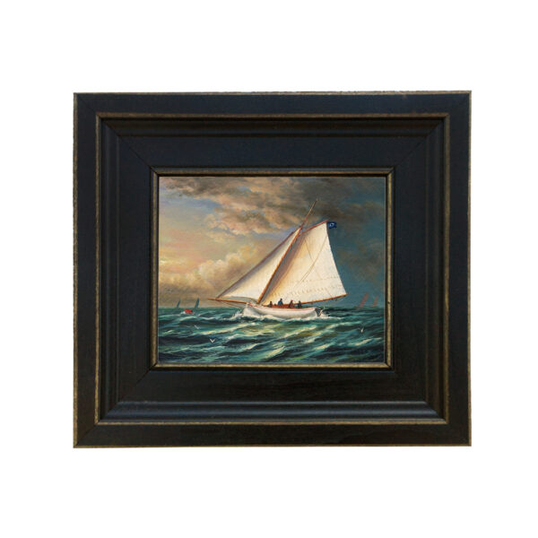 Nautical Paintings Nautical Racing Boat Framed Oil Painting Print on Canvas in Distressed Black Wood Frame. A 5 x 6″ framed to 8-1/2 x 9-1/2″.