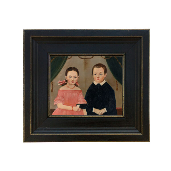 Portrait and Primitive Paintings Early American Girl in Pink with Brother Framed Oil Painting Print on Canvas in Distressed Black Wood Frame. A 5 x 6″ framed to 8-1/2 x 9-1/2″.