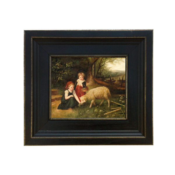 Farm and Pastoral Paintings Farm My Pet Lamb Framed Oil Painting Print on Canvas in Distressed Black Wood Frame. A 5 x 6″ framed to 8-1/2 x 9-1/2″.