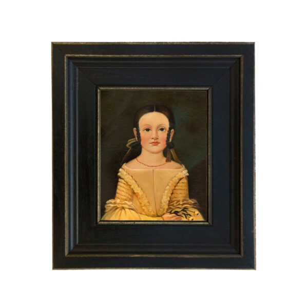 Portrait and Primitive Paintings Early American Mary Jane with Flowers Framed Oil Painting Print on Canvas in Distressed Black Wood Frame. A 5 x 6″ framed to 8-1/2 x 9-1/2″.
