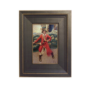 Nautical Pirate Pirate on Deck Framed Oil Painting Print on Canvas in Distressed Black Wood Frame. A 4 x 6″ framed to 7-1/2 x 9-1/2″.