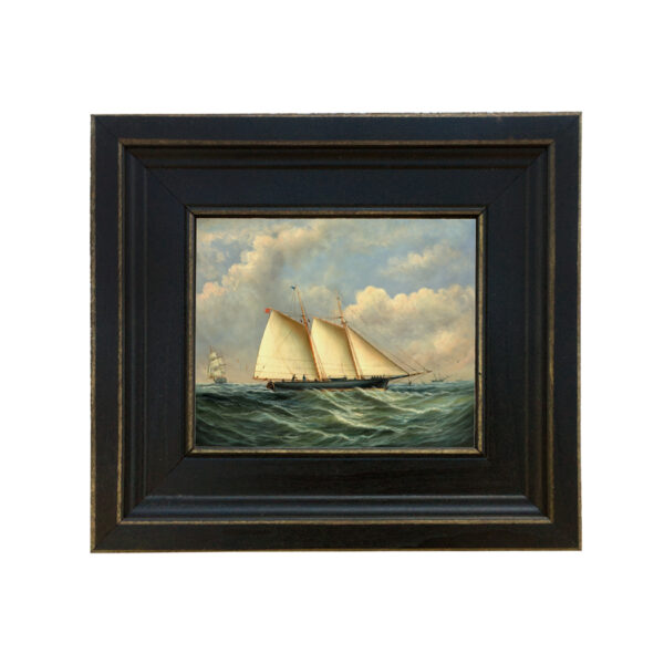 Nautical Paintings Nautical Schooner Man-of-War Framed Oil Painting Print on Canvas in Distressed Black Wood Frame. A 5 x 6″ framed to 8-1/2 x 9-1/2″.
