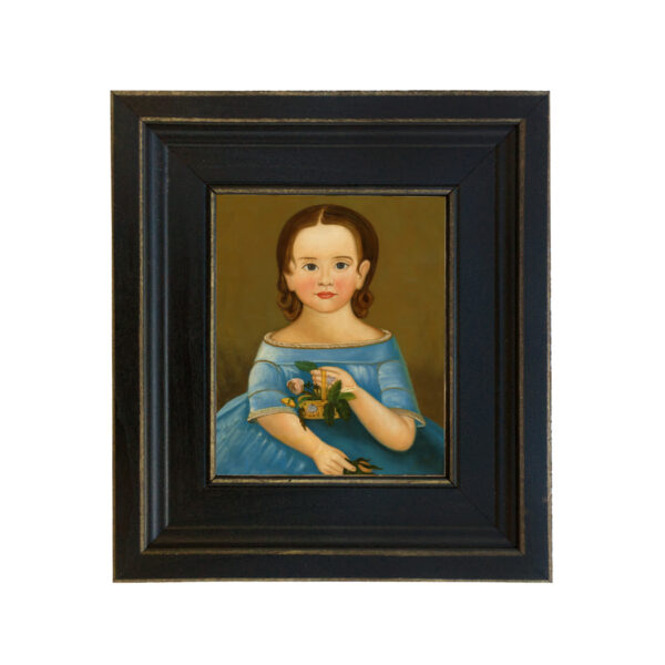 Portrait and Primitive Paintings Early American Girl in Blue Dress Framed Oil Painting Print on Canvas in Distressed Black Wood Frame. A 5 x 6″ framed to 8-1/2 x 9-1/2″.