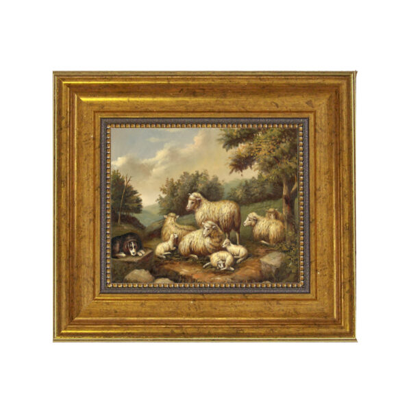 Farm and Pastoral Paintings Early American Sheep in a Landscape Oil Painting Print on Canvas in Antiqued Gold Frame. A 5″ x 6″ framed to 8-1/2″ x 9-1/2″.