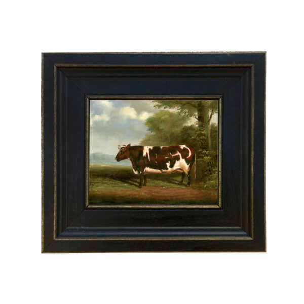 Farm and Pastoral Paintings Farm Prize Heifer Bull Framed Oil Painting Print on Canvas in Distressed Black Wood Frame. A 5″ x 6″ framed to 8-1/2″ x 9-1/2″.