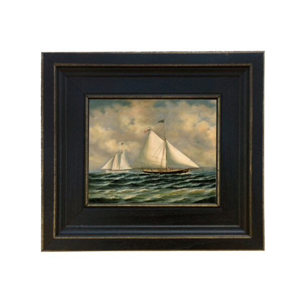 Nautical Paintings Nautical “Sloop Maria Racing America” Framed Oil Painting Print on Canvas in Distressed Black Wood Frame. A 5 x 6″ framed to 8-1/2 x 9-1/2″.