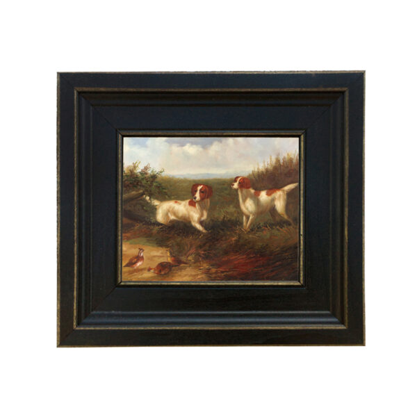 Sporting and Lodge Paintings Lodge/Landscape Setters on Quail Framed Oil Painting Print on Canvas in Distressed Black Wood Frame. A 5 x 6″ framed to 8-1/2 x 9-1/2″.