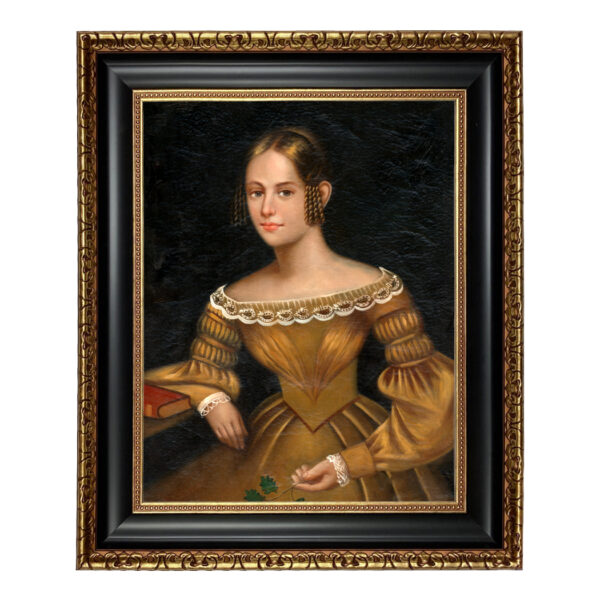 Portrait and Primitive Paintings Early American Portrait of a Woman in Yellow Dress Framed Oil Painting Print on Canvas in Black and Antiqued Gold Wood Frame. A 16″ x 20″ framed to 22 x 26″.