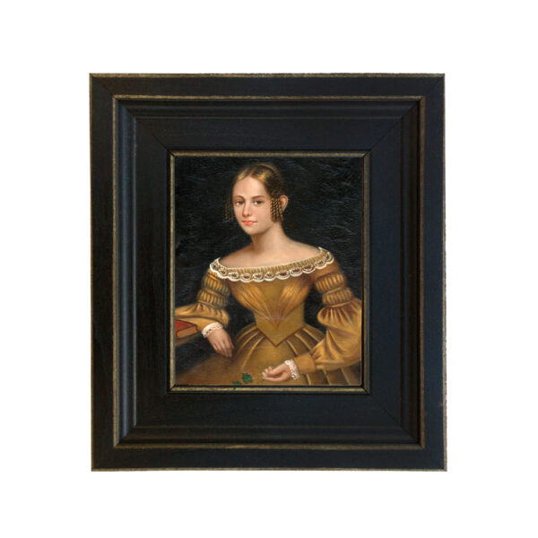 Portrait and Primitive Paintings Early American Portrait of a Woman Framed Oil Painting Print on Canvas in Distressed Black Wood Frame. A 5 x 6″ framed to 8-1/2 x 9-1/2″.