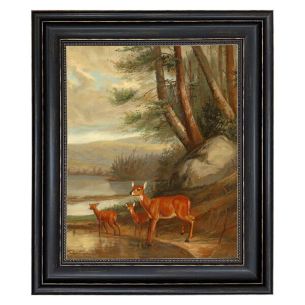 Cabin/Lodge Animals Doe with Two Fawns Framed Oil Painting Print on Canvas in Distressed Black Frame with Bead Accent. 16″ x 20″ Framed to 21″ x 25″
