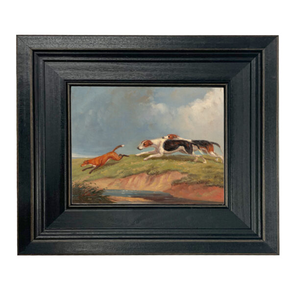 Equestrian/Fox Equestrian The Fox Chase By Webb Framed Oil Painting Print on Canvas in Distressed Black Wood Frame
