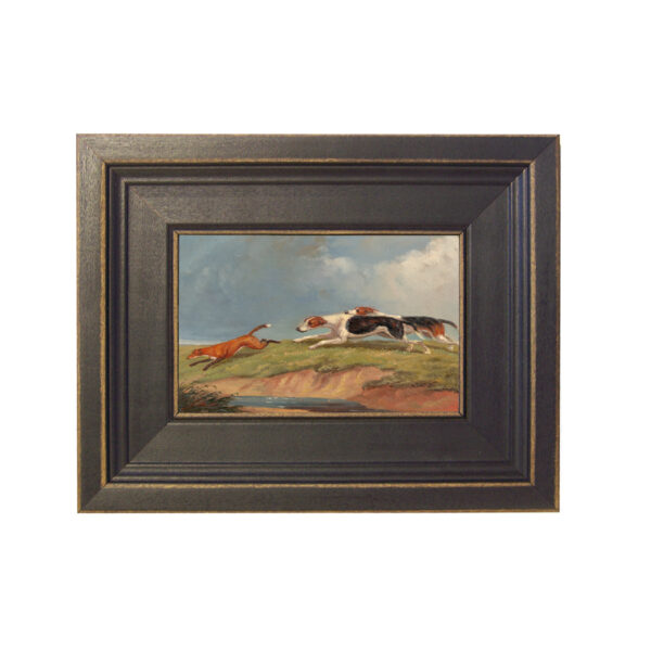 Equestrian Paintings Equestrian The Fox Chase By Webb Framed Oil Painting Print on Canvas in Distressed Black Wood Frame. A 4 x 6″ framed to 7-1/2 x 9-1/2″.