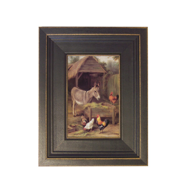 Farm and Pastoral Paintings Farm Donkey and Chickens Framed Oil Painting Print on Canvas in Distressed Black Wood Frame. A 4 x 6″ framed to 7-1/2 x 9-1/2″.